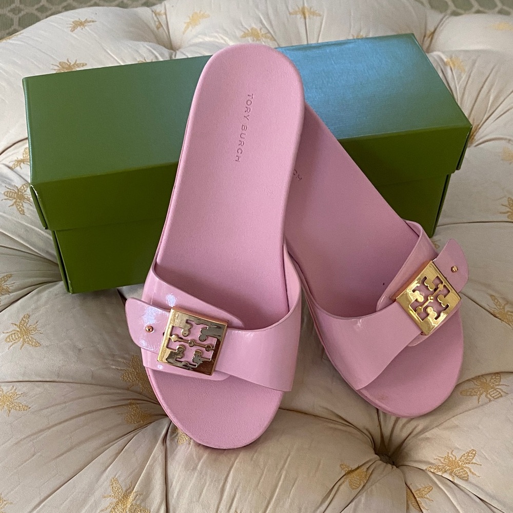Tory Burch Pink Patent Slide Sandals with Gold Logo Buckle